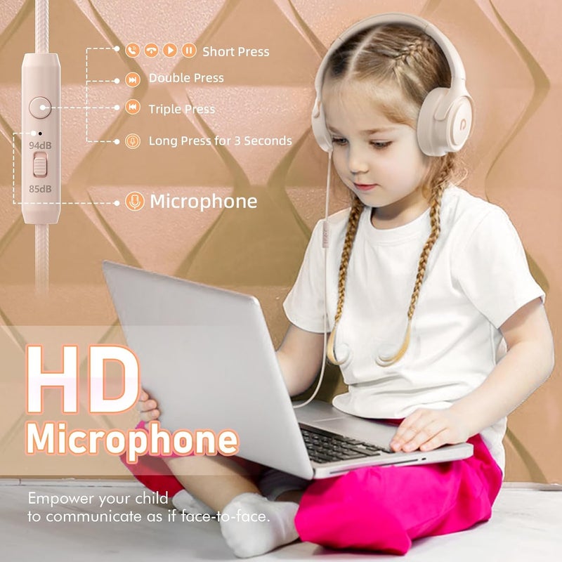 ADOOPE Kids Headphones with Cord-3.5mm Jack 85/94dB Safe Volume Control Built-in Microphone On-Ear Headphones for Kids/Teens/Girls/School/Travel/3.5mm Devices(Beige) - Image 5